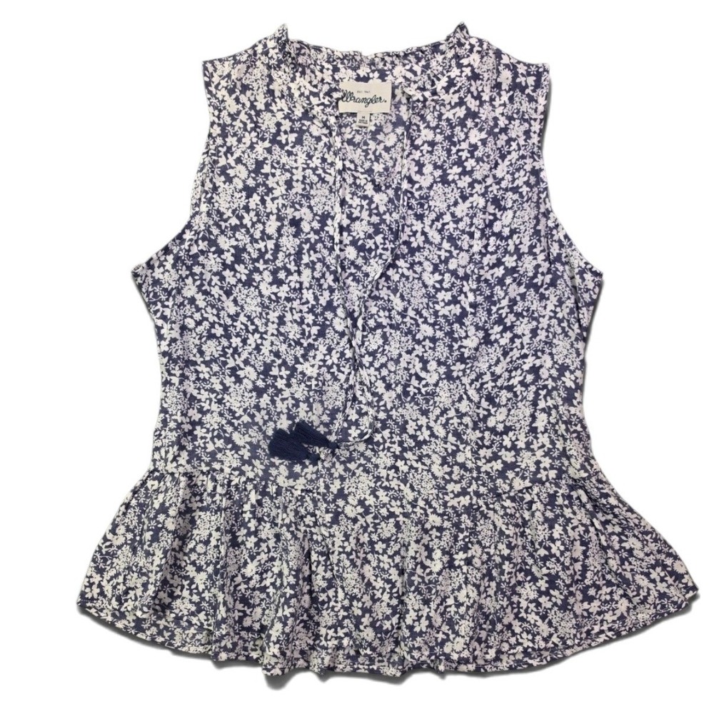 Wrangler Floral Peplum Blouse Navy White Sleeveless Tassel Tie Womens Medium